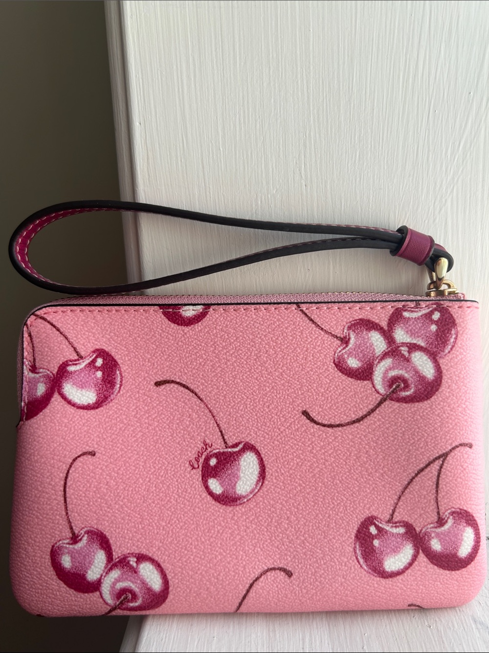 NWOT Coach Corner Zip Wristlet w/ Cherry Print, Pink/Gold - Picture 7 of 8